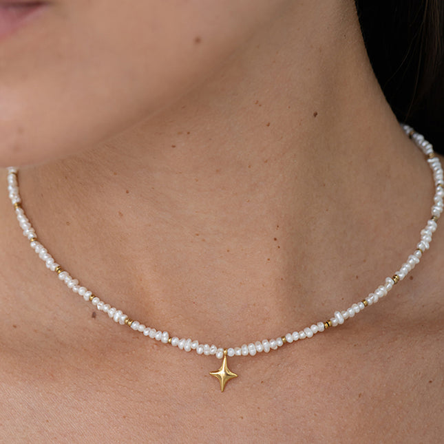 Collier - pendentif étoile du Nord, perles rondelles milgrain en acier inoxydable et perles d'eau douce
