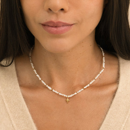 Necklace - North Star pendant, stainless steel milgrain rondelle beads and freshwater pearls