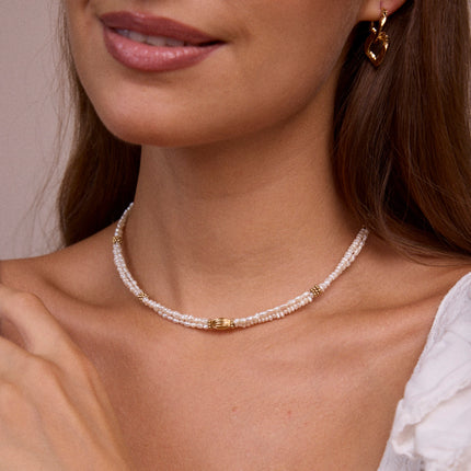 Necklace - 2 strands, stainless steel beads, freshwater pearls and ridged oval pearl