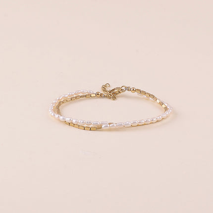 Bracelet - 2 rangs, perles d'eau douce et perles en acier