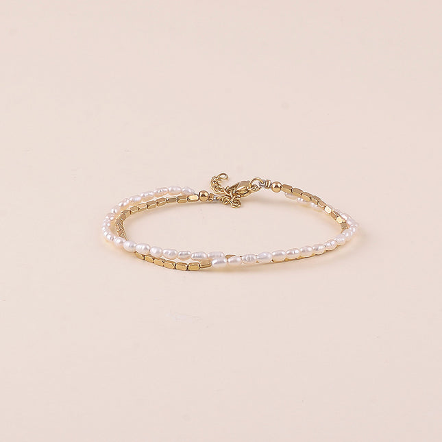 Bracelet - 2 rangs, perles d'eau douce et perles en acier