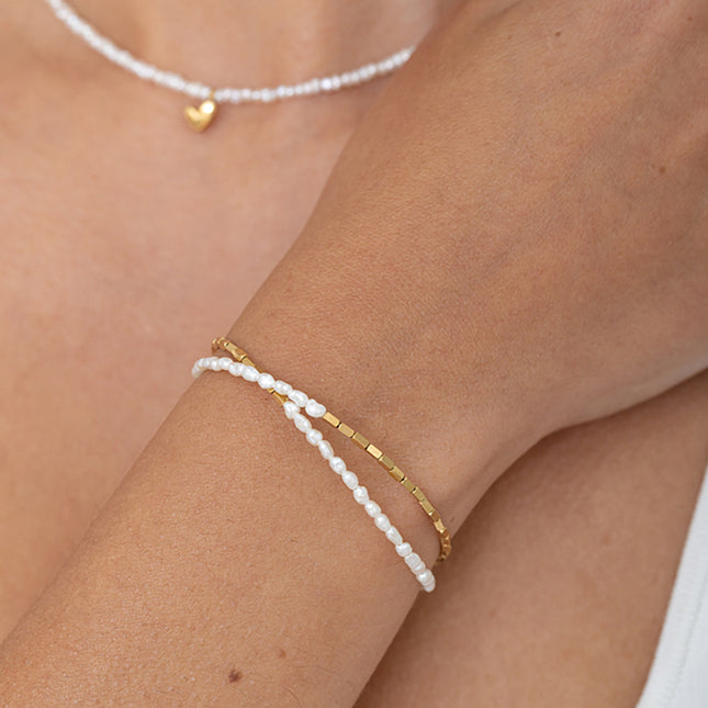 Bracelet - 2 rangs, perles d'eau douce et perles en acier