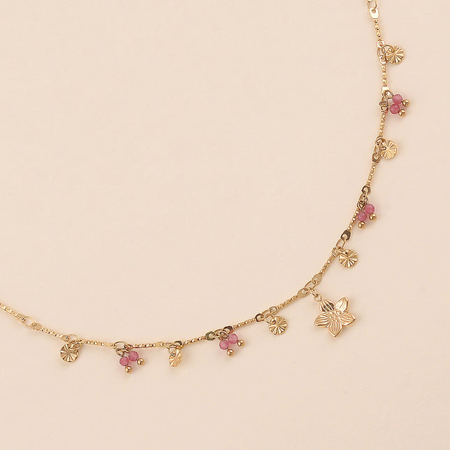 Collier - pastilles rondes martelées, pierres naturelles et pendentif fleur