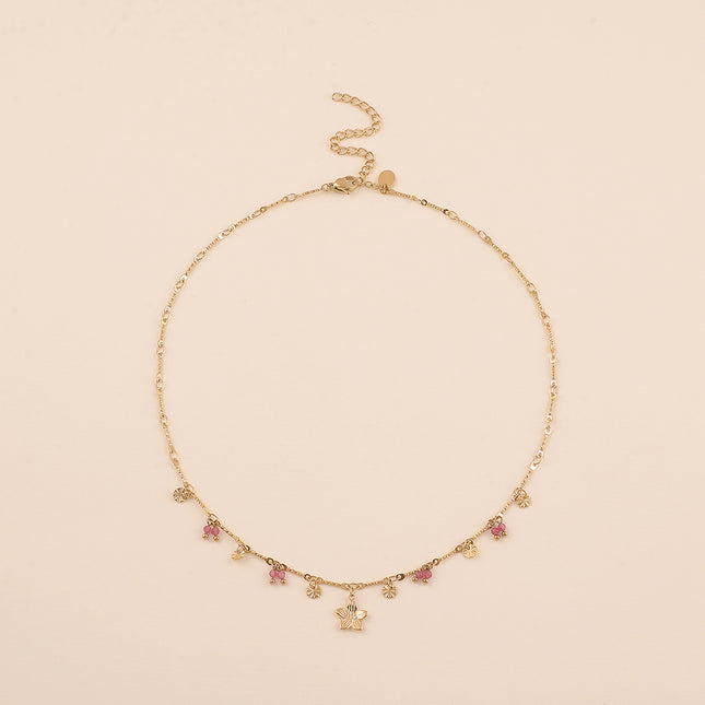 Collier - pastilles rondes martelées, pierres naturelles et pendentif fleur