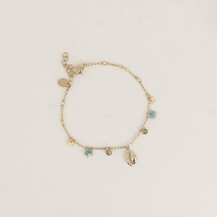 Bracelet - pastilles rondes martelées, pierres naturelles et pendentif cauri