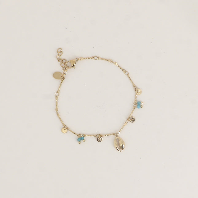 Bracelet - pastilles rondes martelées, pierres naturelles et pendentif cauri
