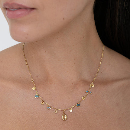 Necklace - hammered round discs, natural stones and a cowrie shell pendant
