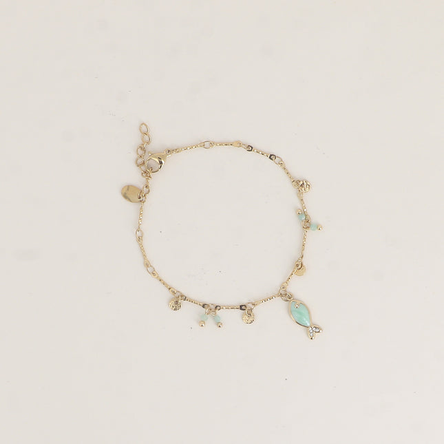 Bracelet - poisson émaillé, pastilles rondes texturées et pierres naturelles