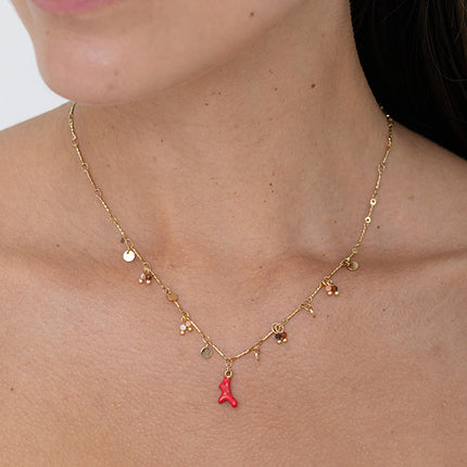 Necklace - round beads, natural stones and enamel coral pendant