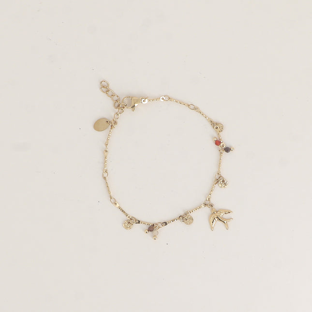 Bracelet - oiseau, pastilles rondes martelées et pierres naturelles