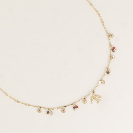 Collier - oiseau, pastilles rondes martelées et pierres naturelles