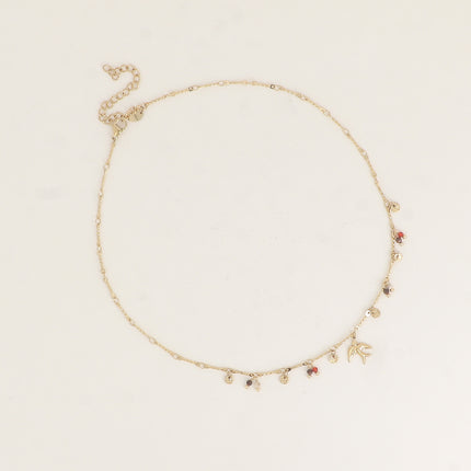 Collier - oiseau, pastilles rondes martelées et pierres naturelles