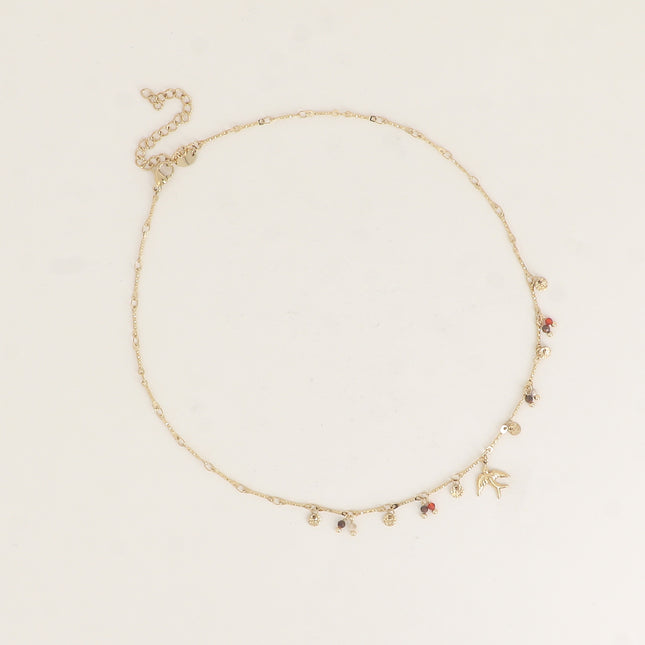 Collier - oiseau, pastilles rondes martelées et pierres naturelles