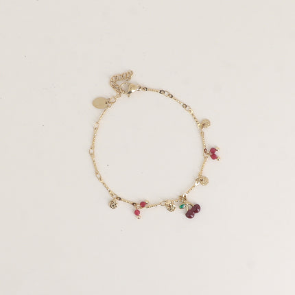 Bracelet - cerise en émail, pastilles rondes martelées et pierres naturelles