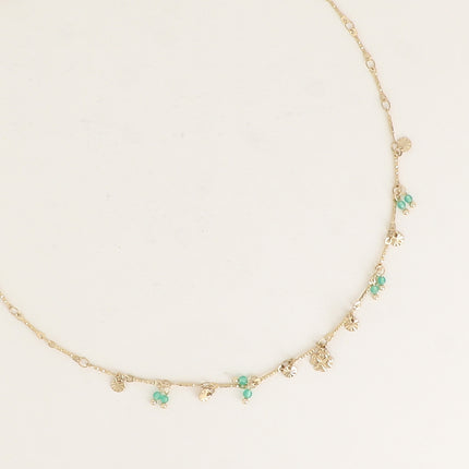 Collier - trèfle, pastilles rondes martelées et pierres naturelles
