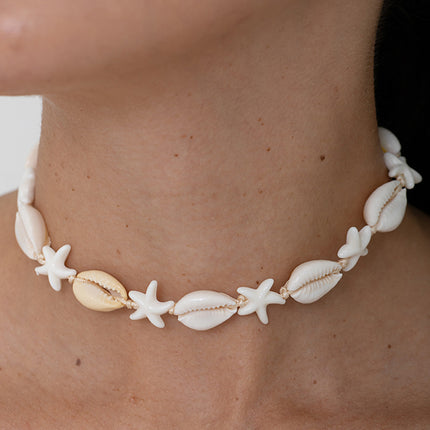 Collier - fermoir coulissant, sur cordon, petites étoiles de mer en résine et cauris naturels