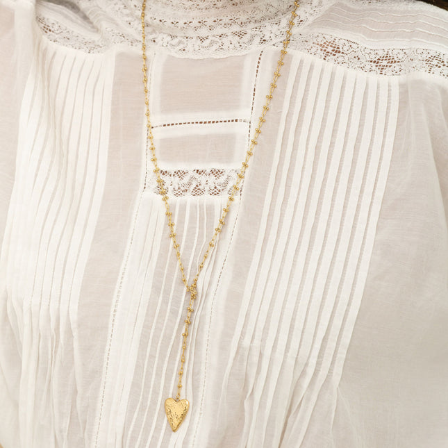 Collier Y - coeur, maille alternée ovale et 2 boules