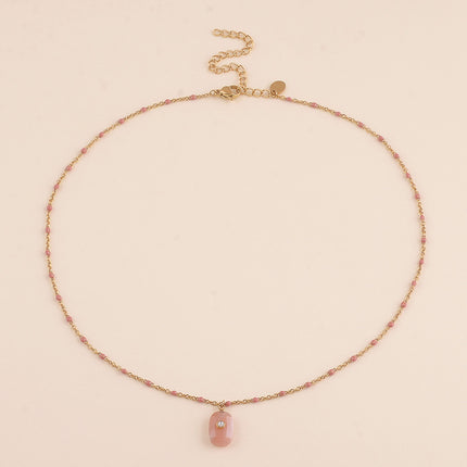 Collier - chaîne émaillée, pierre naturelle rectangulaire et oxyde de zirconium