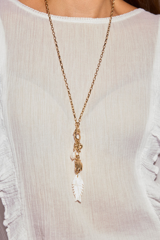 Y-necklace - lobster clasp, shells, freshwater pearl and mother-of-pearl fish