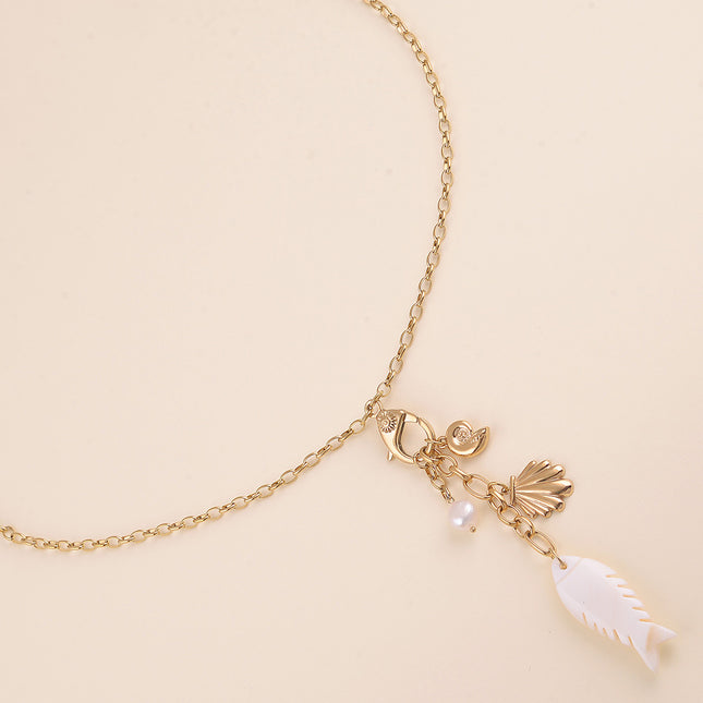 Collier Y - fermoir mousqueton, coquillages, perle d'eau douce et poisson nacré