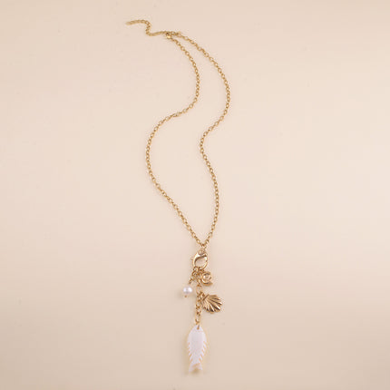 Collier Y - fermoir mousqueton, coquillages, perle d'eau douce et poisson nacré