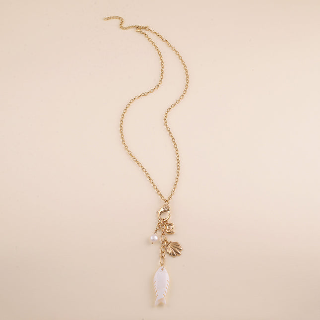 Collier Y - fermoir mousqueton, coquillages, perle d'eau douce et poisson nacré