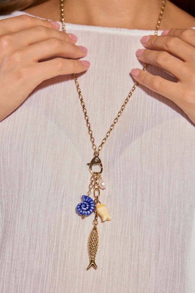 Y-shaped necklace - lobster clasp, freshwater pearl, ceramic shell and fish, resin