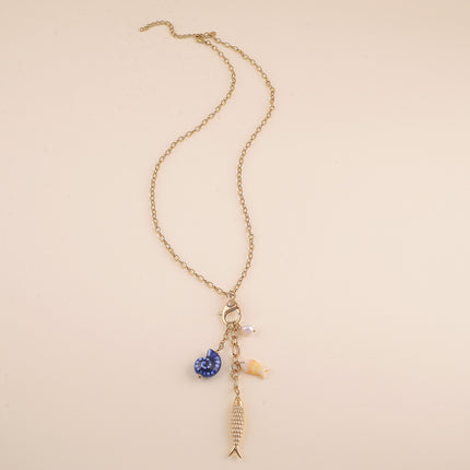Collier Y - fermoir mousqueton, perle d'eau douce, coquillage en céramique et poissons, résine