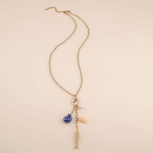 Collier Y - fermoir mousqueton, perle d'eau douce, coquillage en céramique et poissons, résine