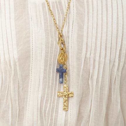 Y-shaped necklace - snap hook with crystal and sun, and charms (religious crosses, Madonna, resin)
