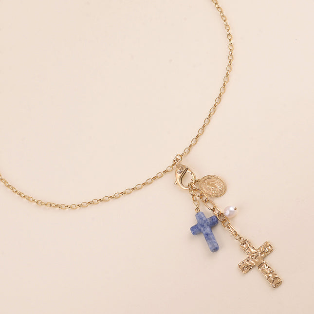 Collier Y - mousqueton avec cristal et soleil, et breloques (croix religieuses, la Madone, résine)
