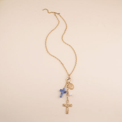 Collier Y - mousqueton avec cristal et soleil, et breloques (croix religieuses, la Madone, résine)