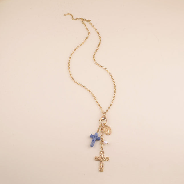 Collier Y - mousqueton avec cristal et soleil, et breloques (croix religieuses, la Madone, résine)