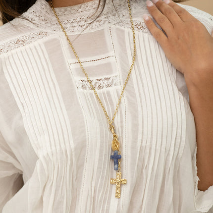 Y-shaped necklace - snap hook with crystal and sun, and charms (religious crosses, Madonna, resin)