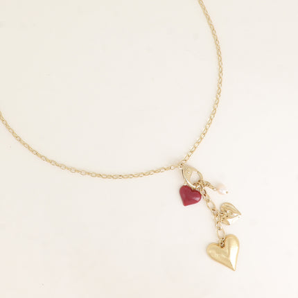 Collier Y - mousqueton avec cristal et coeur, breloques coeurs, perles et résine