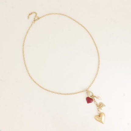 Collier Y - mousqueton avec cristal et coeur, breloques coeurs, perles et résine