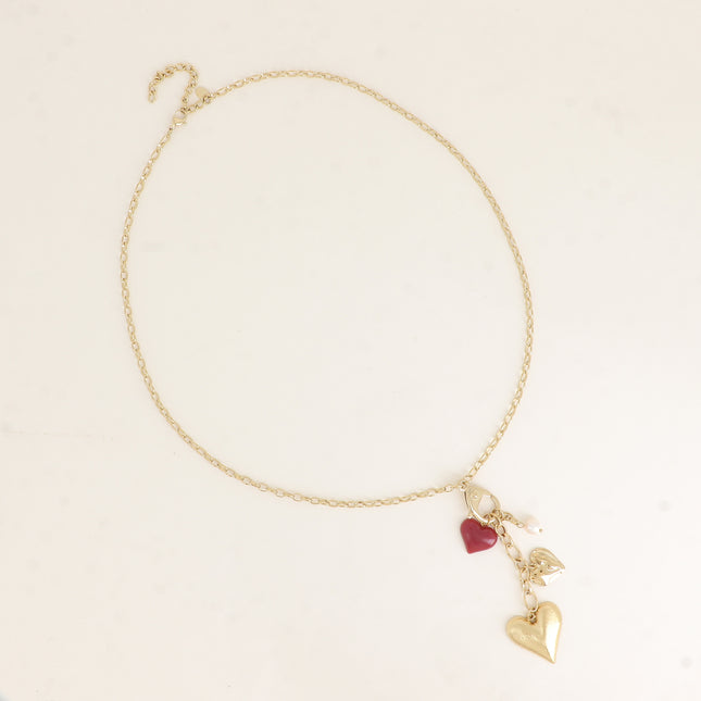 Collier Y - mousqueton avec cristal et coeur, breloques coeurs, perles et résine