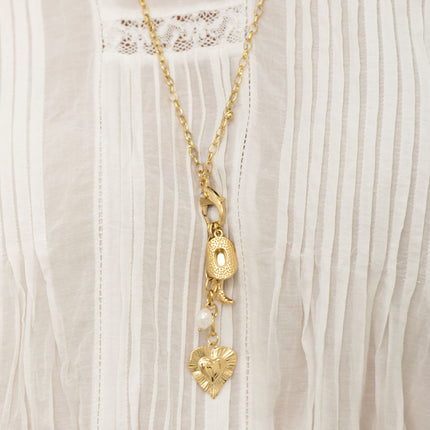 Collier Y - fermoir mousqueton, chapeau et botte de cowboy, perle d'eau douce et coeur