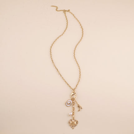 Collier Y - fermoir mousqueton, chapeau et botte de cowboy, perle d'eau douce et coeur
