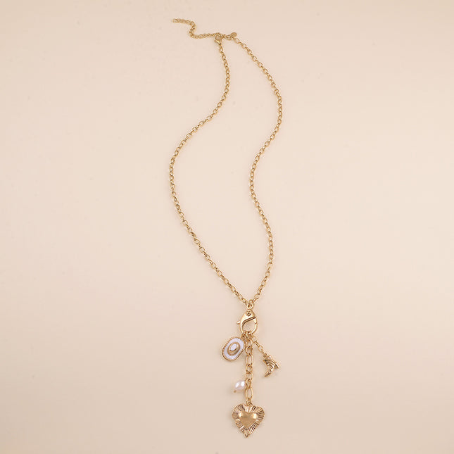 Collier Y - fermoir mousqueton, chapeau et botte de cowboy, perle d'eau douce et coeur