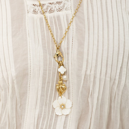 Collier Y - mousqueton avec cristal et rose, trèfles, coeur, fleur nacrée