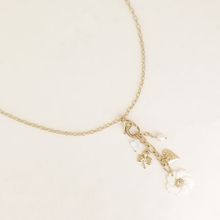 Collier Y - mousqueton avec cristal et rose, trèfles, coeur, fleur nacrée