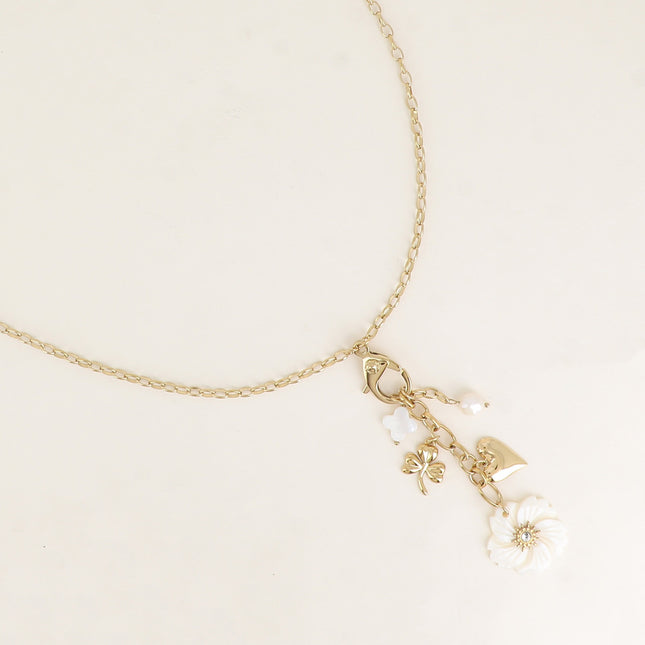 Collier Y - mousqueton avec cristal et rose, trèfles, coeur, fleur nacrée