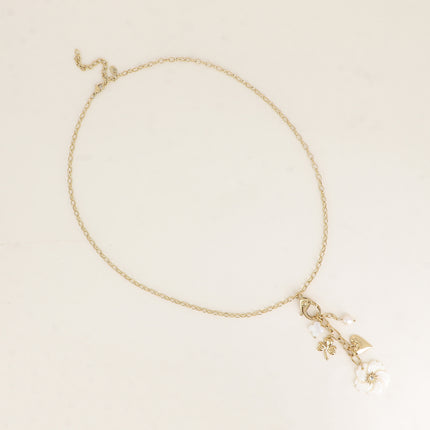 Collier Y - mousqueton avec cristal et rose, trèfles, coeur, fleur nacrée