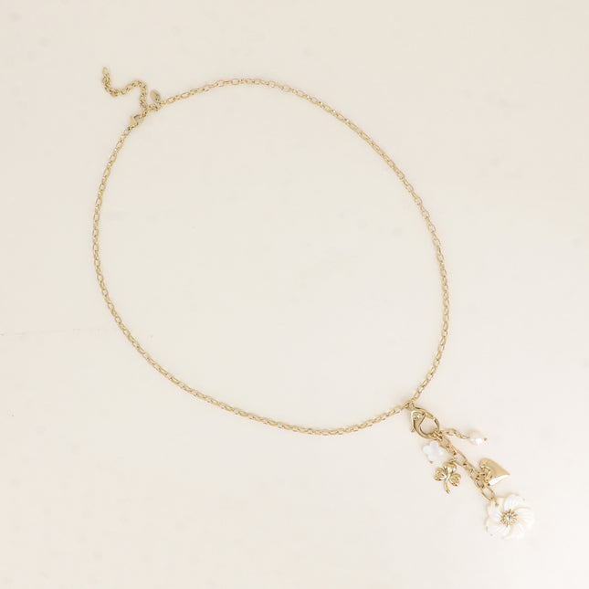 Collier Y - mousqueton avec cristal et rose, trèfles, coeur, fleur nacrée