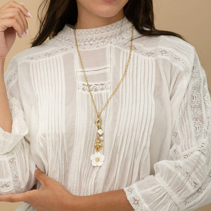 Collier Y - mousqueton avec cristal et rose, trèfles, coeur, fleur nacrée