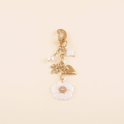 Porte-clé - nacres, fleur, trèfles, coeur et perle d'eau douce