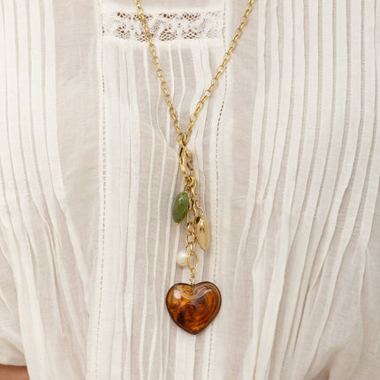 Y-Necklace - carabiner with crystal and heart, heart charms, beads and resin