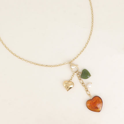 Collier Y - mousqueton avec cristal et coeur, breloques coeurs, perles et résine