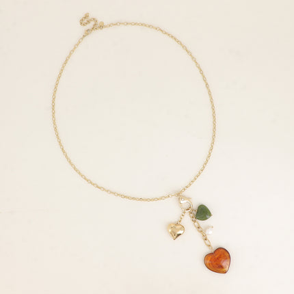Collier Y - mousqueton avec cristal et coeur, breloques coeurs, perles et résine